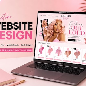 May include: A laptop displaying a custom website design for a beauty brand named Remedy by Ava, featuring pink branding, lip gloss product listings, and the text Custom Website Design, Done-For-You, Mobile Ready, Fast Delivery, and Boss Babe.