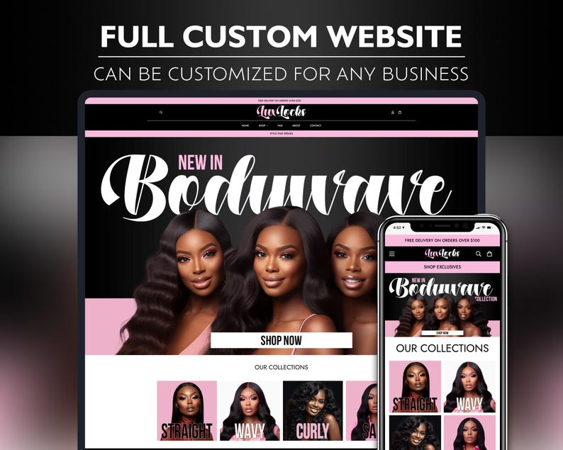 Puede incluir: Una p&aacute;gina web de inicio para una empresa de extensiones de cabello llamada Lux Locks. El sitio web presenta un fondo negro con acentos rosados y una gran imagen de dos mujeres con cabello largo y fluido. El texto "Nuevo en Bodywave" se muestra en una fuente grande y en negrita. El sitio web tambi&eacute;n incluye una llamada a la acci&oacute;n para "Comprar ahora" y una secci&oacute;n que muestra diferentes texturas de cabello, incluyendo liso, ondulado y rizado.
