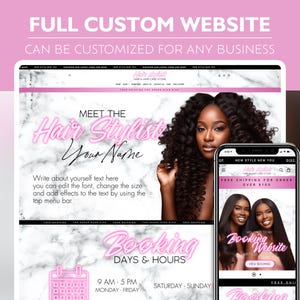Puede incluir: Una maqueta de sitio web rosa y blanco para un estilista de cabello. El sitio web presenta un letrero de ne&oacute;n rosa que dice "Meet the Hair Stylist" y una secci&oacute;n de reserva con d&iacute;as y horas. El sitio web es personalizable para cualquier negocio.