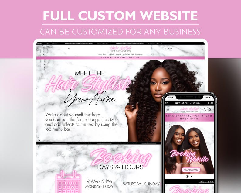 Puede incluir: Una maqueta de sitio web rosa y blanco para un estilista de cabello. El sitio web presenta un letrero de ne&oacute;n rosa que dice "Meet the Hair Stylist" y una secci&oacute;n de reserva con d&iacute;as y horas. El sitio web es personalizable para cualquier negocio.