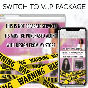 May include: A computer screen and a mobile phone display a warning message in yellow and black caution tape. The message reads "This is not separate service! Its must be purchased along with design from my store."