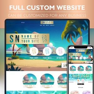 Puede incluir: Una maqueta de sitio web para una empresa de cuidado de la piel. El sitio web presenta una escena de playa tropical con palmeras y un oc&eacute;ano azul. El sitio web se titula "SN Nombre de tu sitio" y tiene un esquema de color dorado y blanco. El sitio web tiene una secci&oacute;n para cremas para piel seca, cremas para piel h&uacute;meda y sabores. El sitio web tambi&eacute;n tiene una secci&oacute;n para comprar ahora.