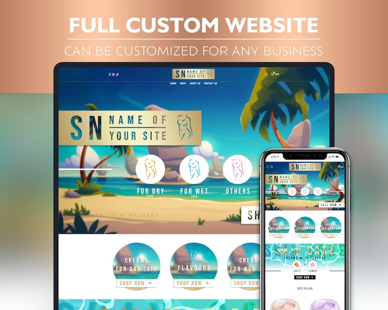 Puede incluir: Una maqueta de sitio web para una empresa de cuidado de la piel. El sitio web presenta una escena de playa tropical con palmeras y un oc&eacute;ano azul. El sitio web se titula "SN Nombre de tu sitio" y tiene un esquema de color dorado y blanco. El sitio web tiene una secci&oacute;n para cremas para piel seca, cremas para piel h&uacute;meda y sabores. El sitio web tambi&eacute;n tiene una secci&oacute;n para comprar ahora.