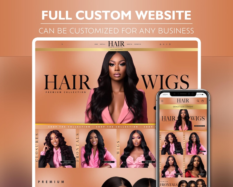 Puede incluir: Una p&aacute;gina de inicio de sitio web para una empresa de extensiones de cabello llamada "Hair Premium Collection". El sitio web presenta a una modelo con extensiones de cabello largas y negras y el texto "HAIR WIGS" en letras grandes y en negrita. El sitio web tambi&eacute;n presenta una variedad de extensiones de cabello, incluidas cierres, frontales y pelucas.