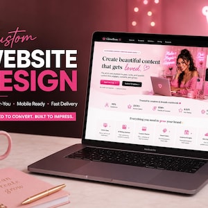 May include: A laptop displaying a website titled GlowBoss AI with pink and white branding. To the left, a pink mug with the text boss energy and a pink spiral notebook with the text plan create grow. The text Custom Website Design is visible.