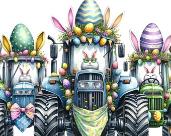 Easter bunnies Tractors,  Watercolor Clipart Commercial Use Sublimation designs illustration transparent PNG, JPG Digital download