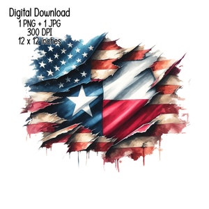 May include: A watercolor painting of a distressed American flag with a Texas flag peeking through a tear in the fabric. The flag is painted in shades of red, white, and blue, with a white star in the center of the Texas flag.