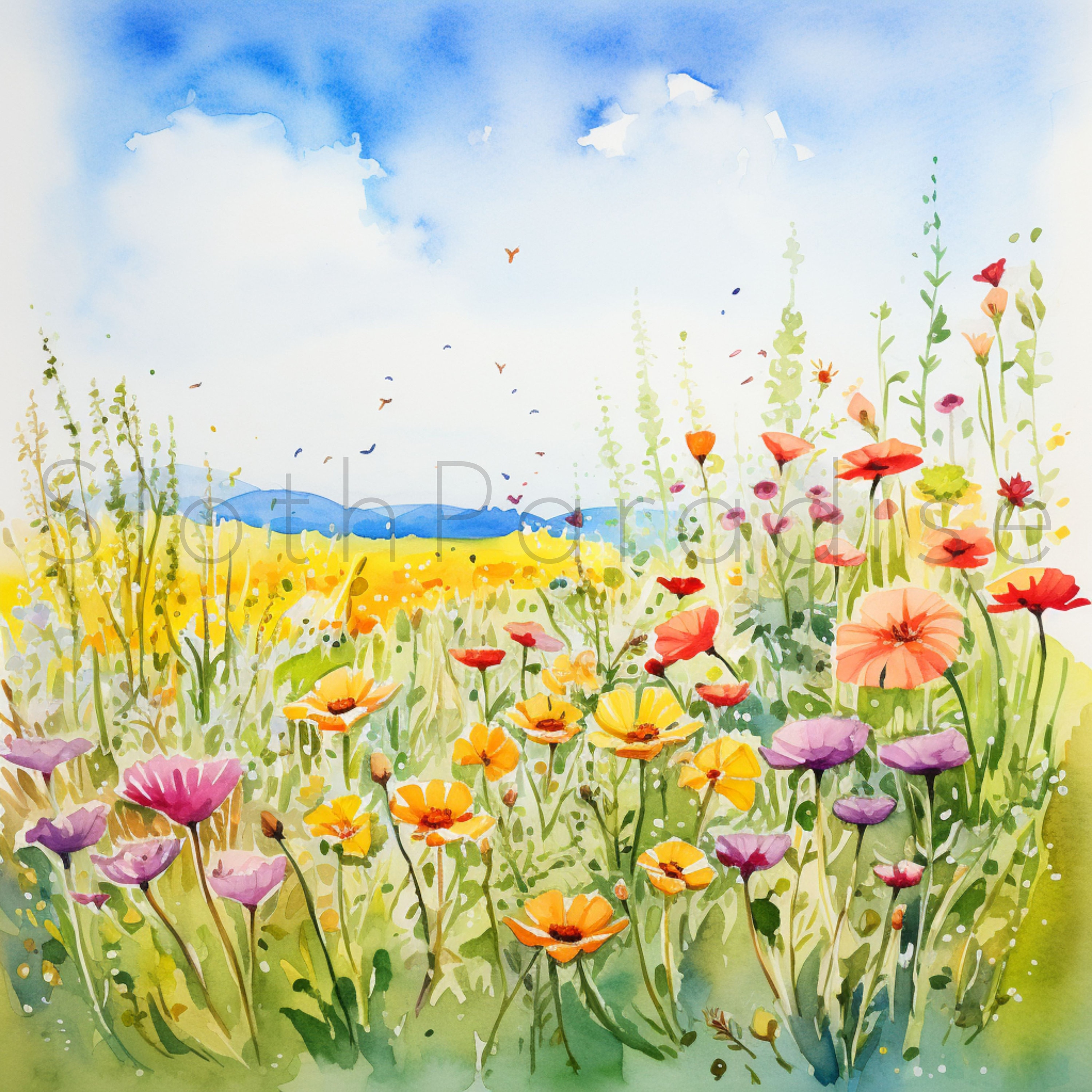 14 JPG 花畑の風景 水彩画 クリップアート デジタルダウンロード 商用