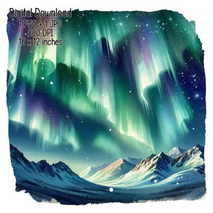 Aurora Borealis over Alaska Watercolor Illustration Alaskan mountains Clipart Commercial Use Sublimation PNG, JPG Digital download 300 DPI