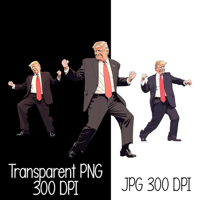 May include: Three cartoon illustrations of a person in a black suit and red tie with a white shirt. The person is in a dynamic pose with their arms raised in the air and fists clenched. The background is split in half, one side is black and the other is white. The text 'Transparent PNG 300 DPI' is below the illustration on the black side and the text 'JPG 300 DPI' is below the illustration on the white side.