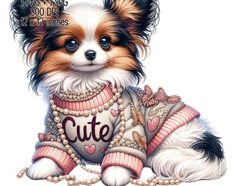 かわいいパピヨンの子犬 デジタルダウンロード 愛らしい犬のイラスト