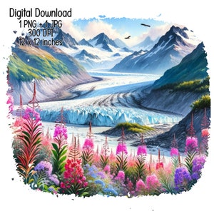 May include: A digital painting of a glacier valley with snow-capped mountains in the background. The foreground features a field of pink, purple, and white wildflowers. The sky is blue with white clouds.
