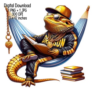 Bearded dragon lifestyle Watercolor Clipart humorous Commercial Use Sublimation designs illustration transparent PNG, JPG Digital download