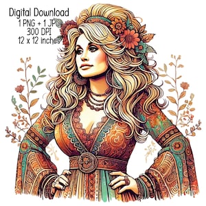 Retro Dolly Country Singer Boho vibe T-Shirt Design | Digital Download | Clipart PNG JPG