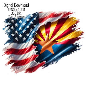 May include: A distressed, faded American flag with a distressed, faded Arizona state flag layered on top. The flags are both red, white, and blue with a yellow star in the center of the Arizona flag.