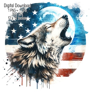 Puede incluir: Una pintura de acuarela de un lobo aullando a la luna, con un fondo de bandera estadounidense rojo, blanco y azul. El lobo está mirando hacia el lado derecho de la imagen, con la boca abierta y los ojos cerrados. La luna es de color azul claro y está detrás de la cabeza del lobo. La bandera es una acuarela de rojo, blanco y azul, con estrellas en la sección azul.