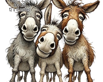 Ilustración de los mejores amigos de los burros curiosos y tontos / Descarga digital / Clipart PNG JPG