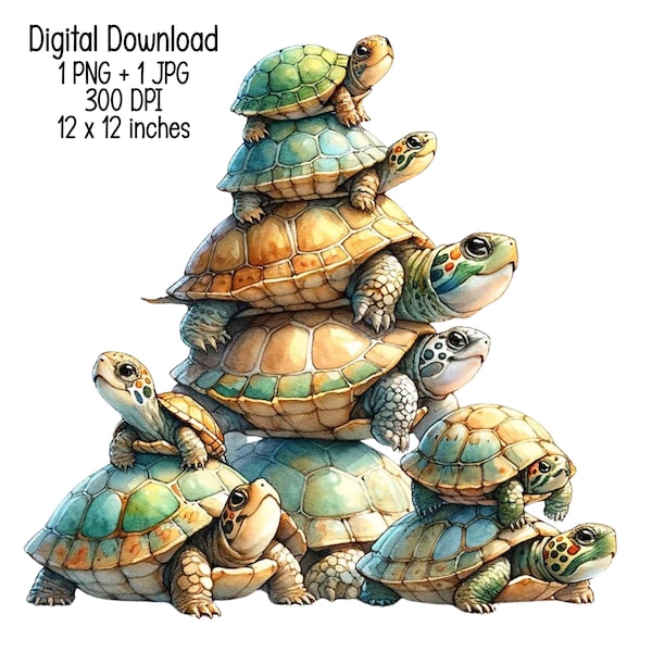 Pile of cute turtles Watercolor illustration Clipart Commercial Use Sublimation designs illustration transparent PNG JPG Digital download