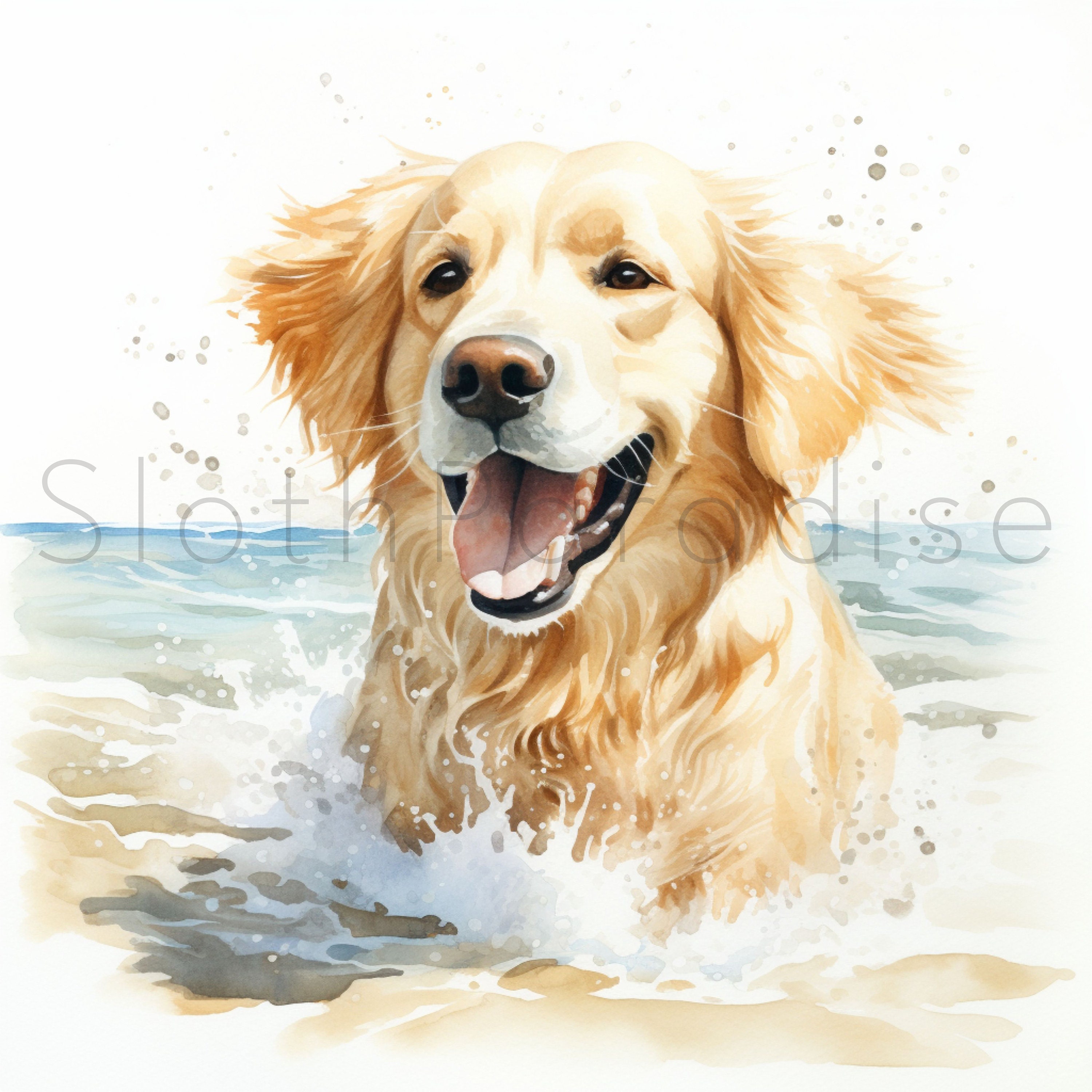 21 JPG Golden Retriever on the Beach Watercolor Digital Download ...