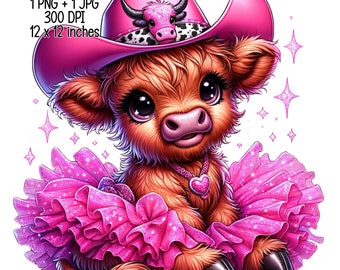 Può includere: Una mucca Highland marrone e bianca con un cappello da cowboy rosa e un tutù rosa con glitter. La mucca ha grandi occhi scintillanti e una collana a forma di cuore rosa.