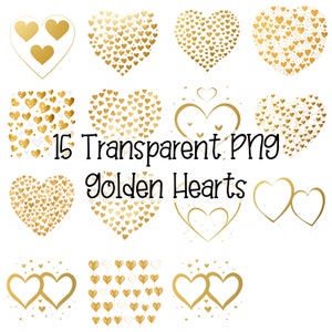 15 PNG Corações dourados Clipart transparente Download digital para uso comercial, ilustração de confecção de cartão de corações de dia dos namorados