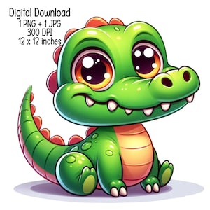 Gator niños lindos y verdes Ilustración clipart Uso comercial Diseños de sublimación PNG transparente, JPG Descarga digital, cocodrilo
