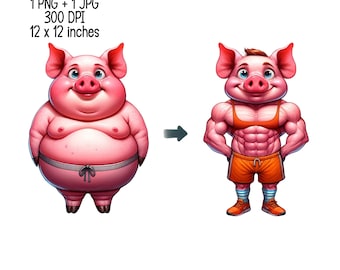 Pig weight loss gym, sports humorous Watercolor Clipart Commercial Use Sublimation designs illustration transparent PNG, JPGDigital download