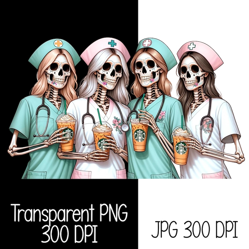 2 Skeleton Nurses Besties in Coffee Mood - Clipart Commercial Use ...