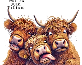 2 Humorous Crazy Highland Cows Besties Illustration | Digital Download | Clipart PNG JPG