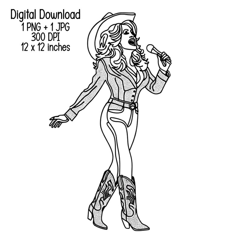 May include: Black and white line art illustration of a woman wearing a cowboy hat, a button-up shirt, jeans, and cowboy boots. She is holding a microphone and singing.