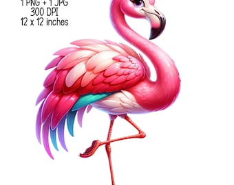 2 Pink Flamingo on one leg Illustration - Clipart Commercial Use, Sublimation Design, PNG, JPG Digital Download