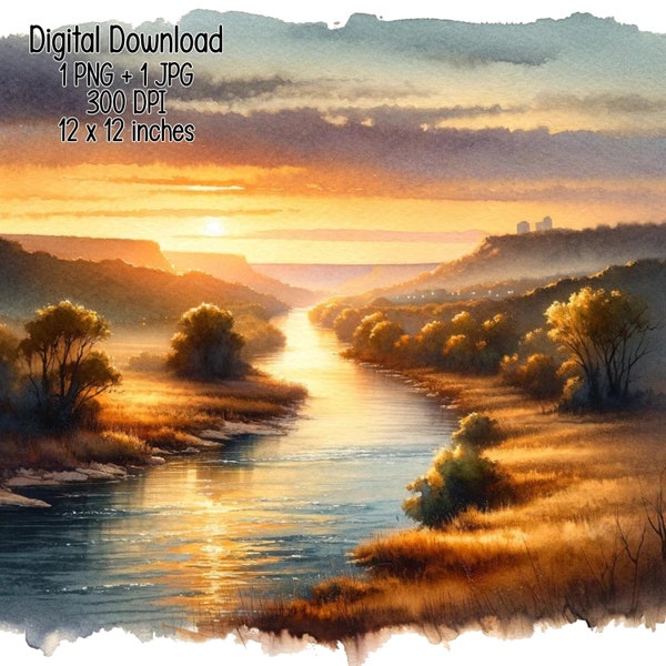 Peaceful Texas river valley at twilight Watercolor Illustrations Clipart Commercial Use Sublimation designs PNG, JPG Digital download