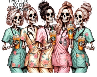 2 Mejores amigas de enfermeras esqueléticas en estado de ánimo de café: uso comercial de imágenes prediseñadas, Diseño de sublimación, PNG transparente, Descarga digital JPG