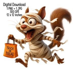 Puede incluir: Ilustración de una ardilla de dibujos animados disfrazada de momia, sosteniendo una bolsa naranja de truco o trato. La ardilla tiene pelaje marrón y está envuelta en vendas blancas. La bolsa dice "TRICK OR TREAT". La imagen mide 30,48 x 30,48 cm.