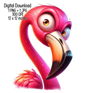 Divertido lindo colorido humorístico pájaro flamenco ilustración Clipart Uso comercial Sublimación diseños ilustración PNG, JPG Descarga digital