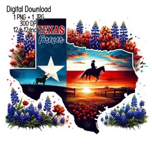 Texas für immer Aquarell Illustration Clipart Texas Karte Flagge Bluebonnet Longhorn Kommerzielle Nutzung Sublimationsentwürfe PNG JPG Digitaler Download