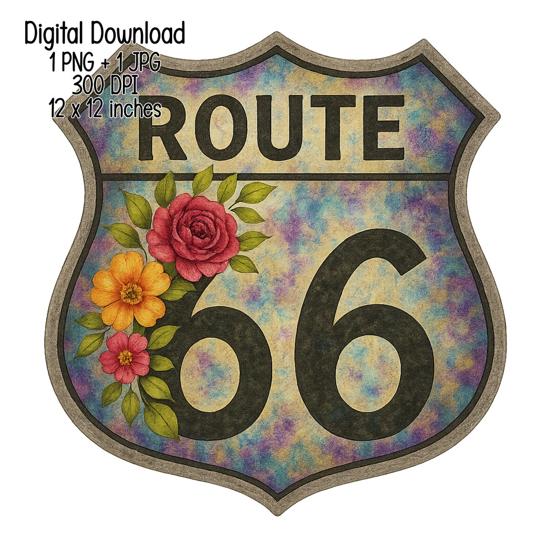 花柄ルート66 PNG | ヴィンテージ高速道路標識クリップアート | 素朴な