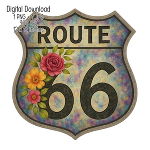 花柄ルート66 PNG | ヴィンテージ高速道路標識クリップアート | 素朴なロードトリップ昇華 | ウエスタンフラワートラベルデザイン