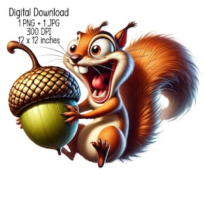 Op de afbeelding: Een cartoon-eekhoorn met een wijd open mond, die een grote eikel in zijn poten vasthoudt. De eekhoorn heeft een borstelige staart en grote, expressieve ogen. De eikel is bruin en goudkleurig met een groene dop.