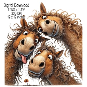May include: Three cartoon horses with brown fur and long manes are looking at the camera. The horse on the left has its tongue sticking out. The horse in the middle is looking up at the camera. The horse on the right is looking down at the camera. A small yellow flower is in the bottom centre of the image.