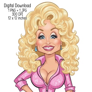 2 Dolly caricature PNG – comical Dolly in Pink Shirt for T-Shirts, Sublimation, Tumblers & Crafts | Retro Digital Download