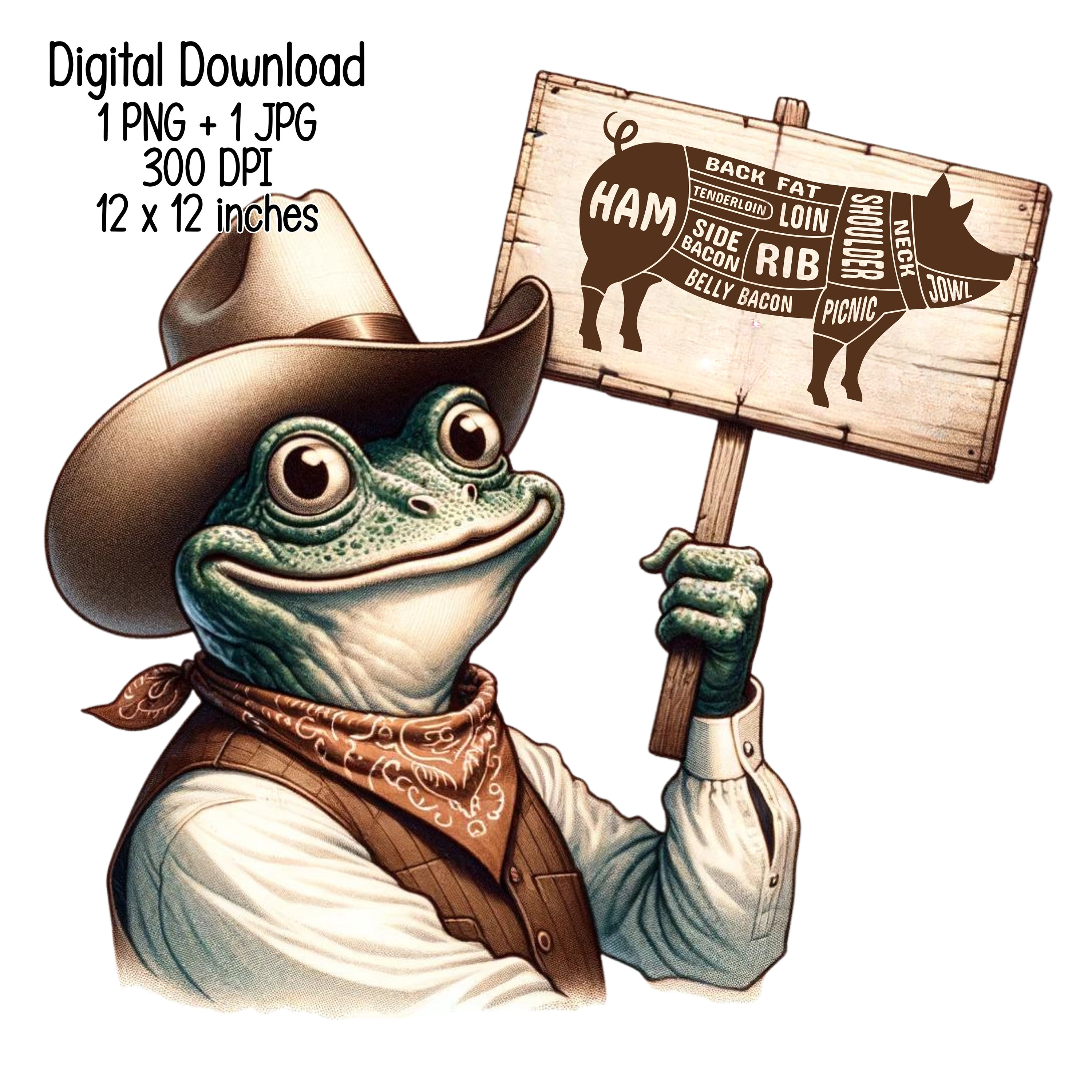 Grappige kikker als Texaan met varkenssneden grafiek digitale download,  humoristische barbecue illustratie, commercieel gebruik sublimatie  ontwerpen, PNG, JPG - Etsy België, image size:3000x3000