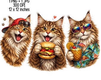 Funny Maine Coon PNG - Summer Cat Sublimation Design - Maine Coon Eating Burger Art - Tropical Vacation Cat Clipart - Digital Download