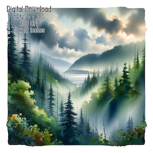 Alaskan coastal rainforest Watercolor Illustration Alaska landscape Clipart Commercial Use Sublimation PNG, JPG Digital download 300 DPI