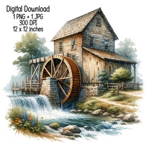 May include: A watercolour painting of a wooden watermill with a large water wheel. The mill is surrounded by trees and a small stream. The water wheel is turning and water is flowing over the dam. The mill is a rustic and charming structure.