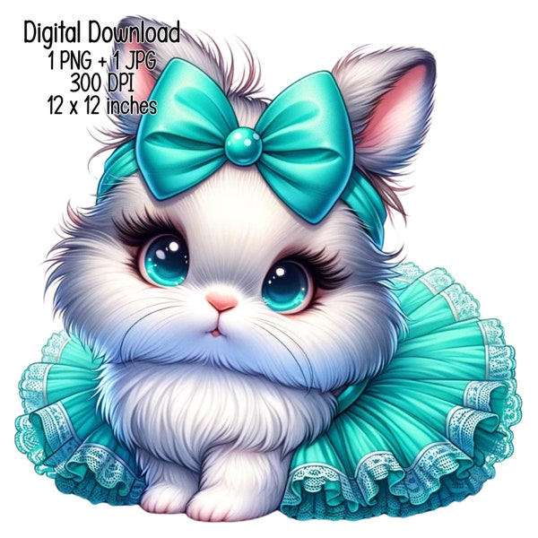 Cute adorable baby rabbit in turquoise tutu and headband Clipart Commercial Use Sublimation designs illustration PNG JPG Digital download