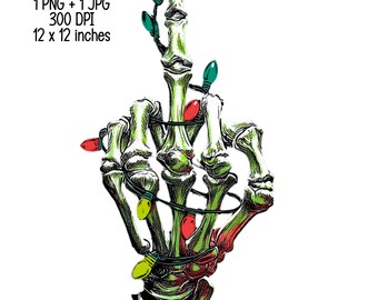 Funny Skeleton Christmas Hand PNG JPG | Xmas decorations Holiday Clipart | Edgy Festive Digital Download