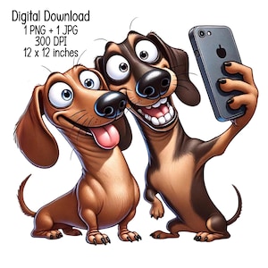 Gekke grappige humoristische teckel besties selfie illustratie | Digitale download | Grappige dierenafbeeldingen | Transparante PNG-JPG