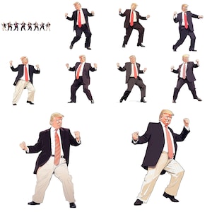 May include: A series of images showing a man in a suit and red tie performing a dance move. The man is shown in various poses, with his arms outstretched and his legs in a wide stance. The background is white.