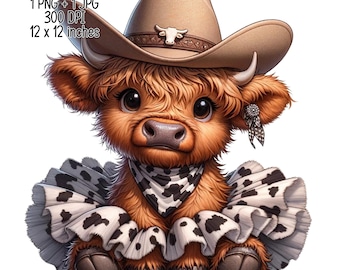 May include: A brown and white Highland cow wearing a brown cowboy hat with a silver buckle and a black and white bandana. The cow is wearing a white and black ruffled skirt with a cow print pattern.